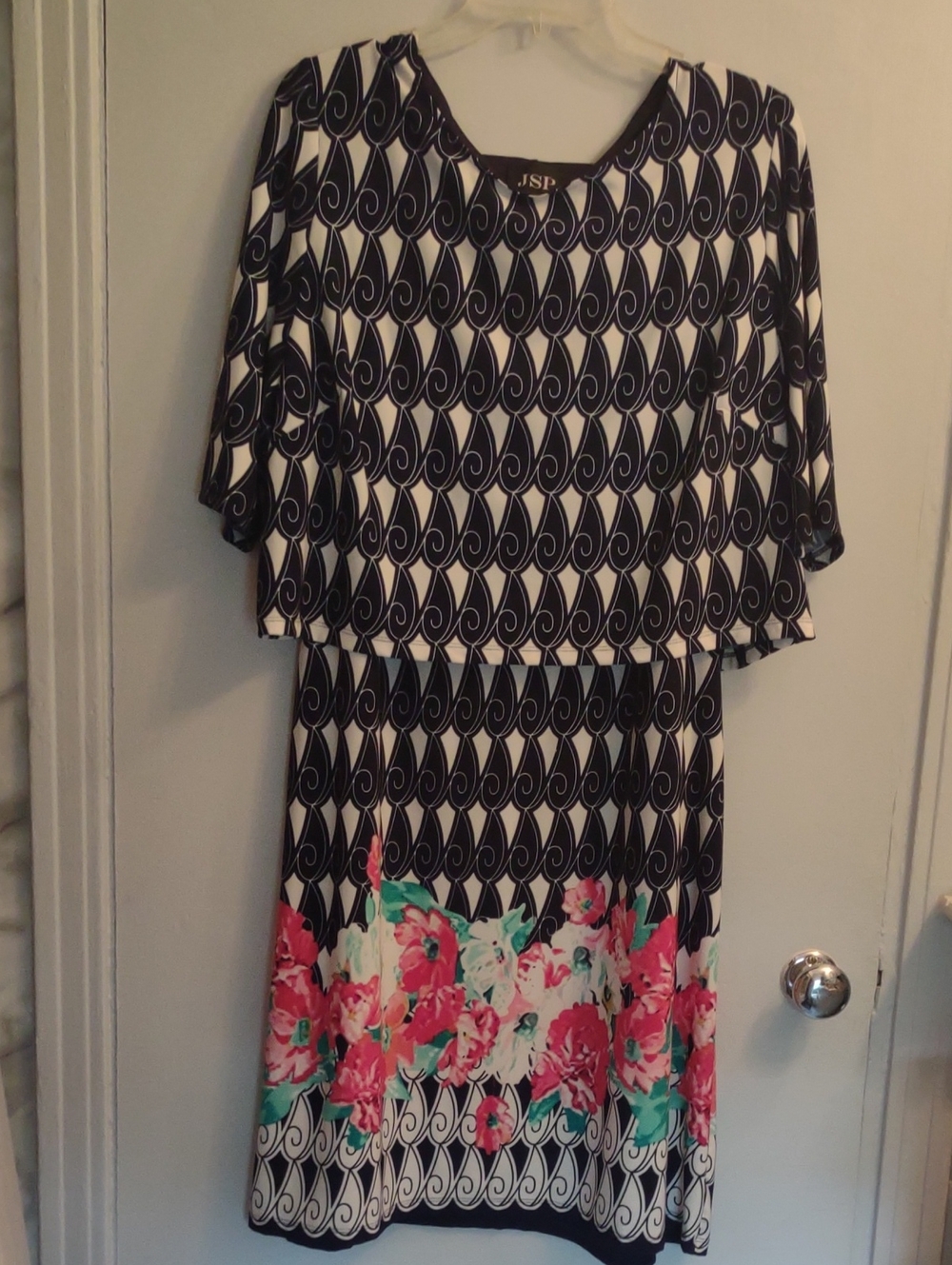 JSI Black & White Geometric Maxi Dress with Pink Floral Border